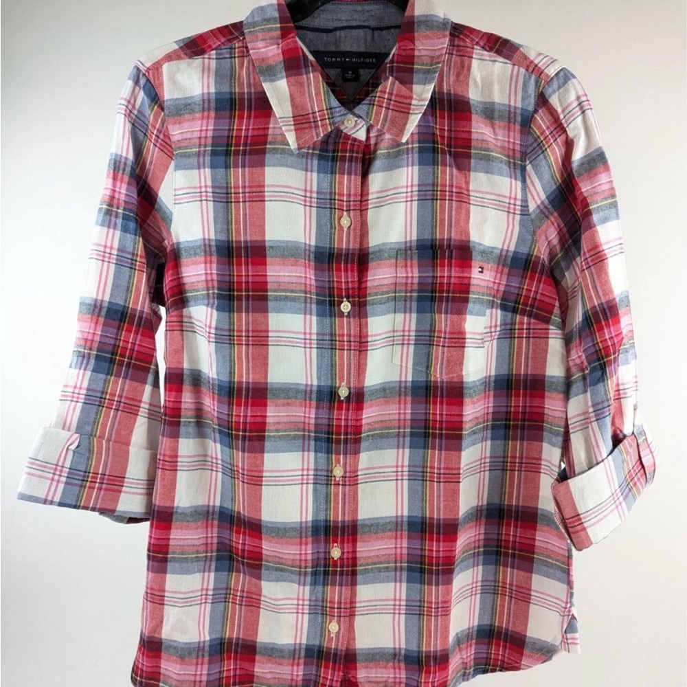 Tommy Hilfiger Women's Red and Blue Plaid Shirt